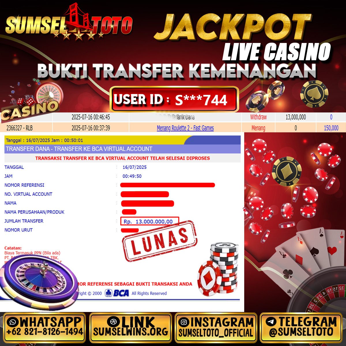 SUMSELTOTO JACKPOT ROULETTE Rp.13,000,000.,- LUNAS